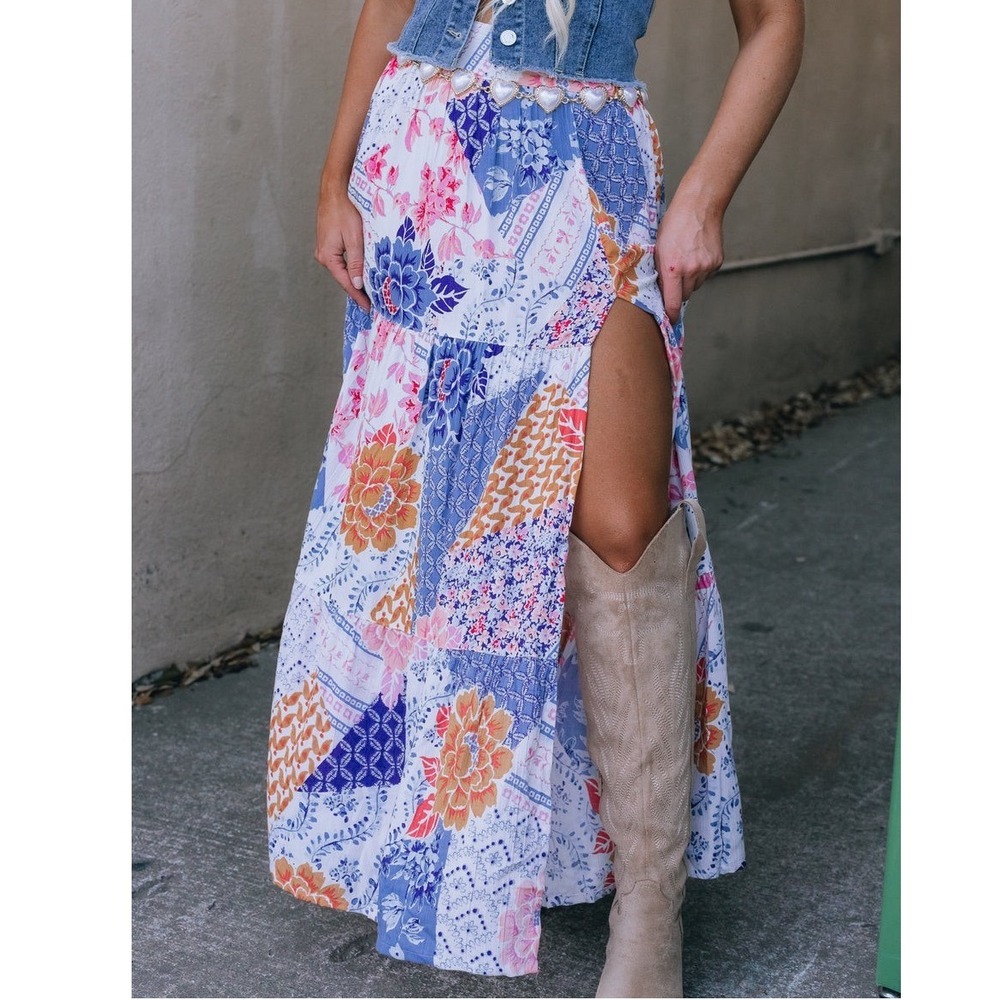 Angie Boho Patchwork Floral Maxi Skirt Small Slit Festival Cottagecore Coastal